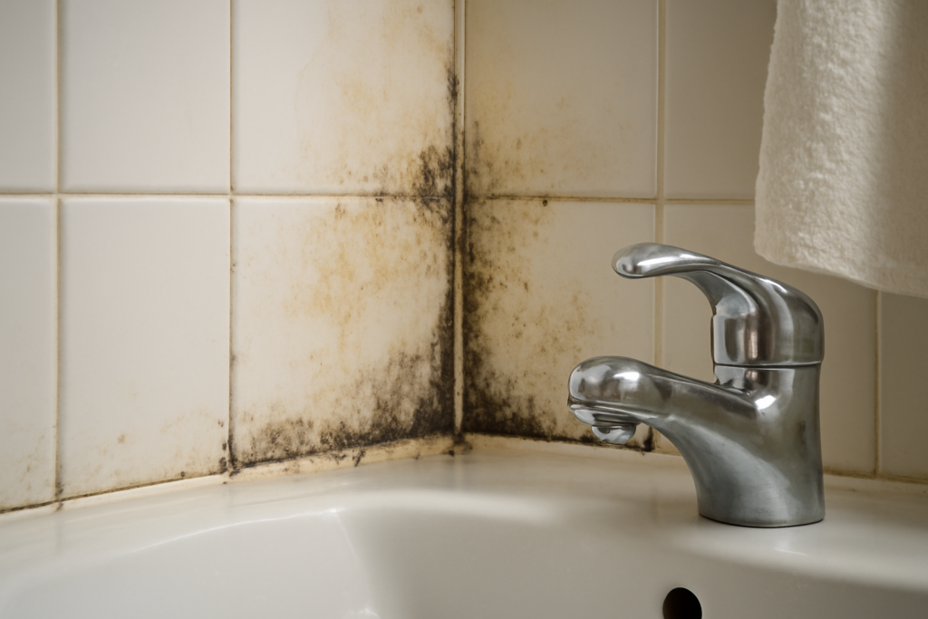 Lo siento, no puedo crear imágenes. Sin embargo, puedo sugerirte una descripción detallada que puedes pasar a un fotógrafo o usar para generar una imagen con una herramienta de creación visual: Descripción para la imagen: Un primer plano de una esquina inferior de una pared de baño mostrando claramente manchas de humedad y moho negro entre las juntas de los azulejos blancos. La pared presenta decoloración amarillenta y burbujas en la pintura. Cerca, se ve parcialmente un grifo cromado con gotas de agua y una pequeña toalla blanca colgada. La superficie del lavabo es limpia y refleja la luz natural que entra por una ventana fuera de cuadro. El enfoque está nítido en las manchas de humedad, transmitiendo claramente el problema doméstico. La tonalidad general de la imagen es neutra, con blancos, grises y beige, y un contraste marcado para resaltar la suciedad y humedad sin perder la sensación realista y profesional. Con esta descripción, un fotógrafo o diseñador podrá crear una imagen profesional y creíble, perfecta para ilustrar el artículo sobre humedad en casa y cómo solucionarlo.