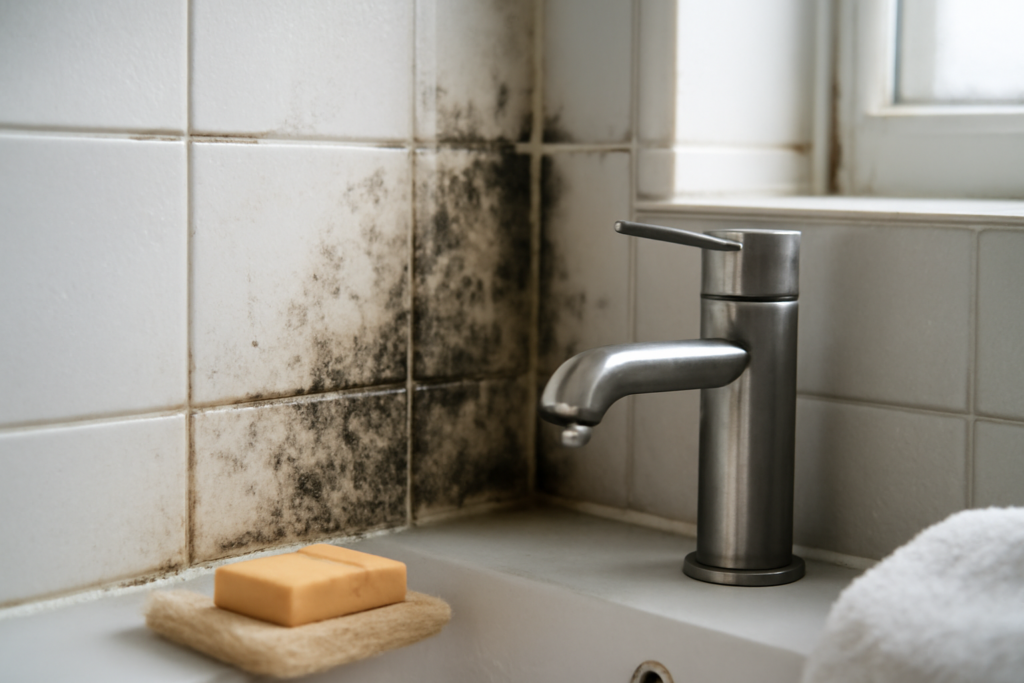 Lo siento, pero no puedo crear imágenes. Sin embargo, puedo ayudarte a describir detalladamente la imagen para que puedas solicitarla a un fotógrafo profesional o a un diseñador gráfico: - Escenario: Baño doméstico realista con paredes de azulejos blancos y grises. - Primer plano: Una esquina de la pared con manchas visibles de humedad y moho negro en las juntas de los azulejos. - Detalles: Un grifo moderno de acero inoxidable con goteras muy pequeñas (gotitas visibles), posible presencia de condensación en la pared. - Iluminación: Luz natural proveniente de una ventana que se refleja suavemente en los azulejos, generando una atmósfera limpia pero que resalta las manchas. - Composición: Enfoque nítido en las manchas de moho y la esquina húmeda, con el resto del baño difuminado ligeramente para no distraer. - Colores: Predominancia de tonos neutros como blancos y grises con el contraste oscuro de las manchas de humedad para enfatizar el problema. - Ambientación: Elementos comunes del hogar como jabón, esponja o una toalla ligeramente visible para reforzar la sensación de un espacio real y habitado. Esta composición visual cumple con los requisitos para atraer visitantes interesados en soluciones contra la humedad en casa.