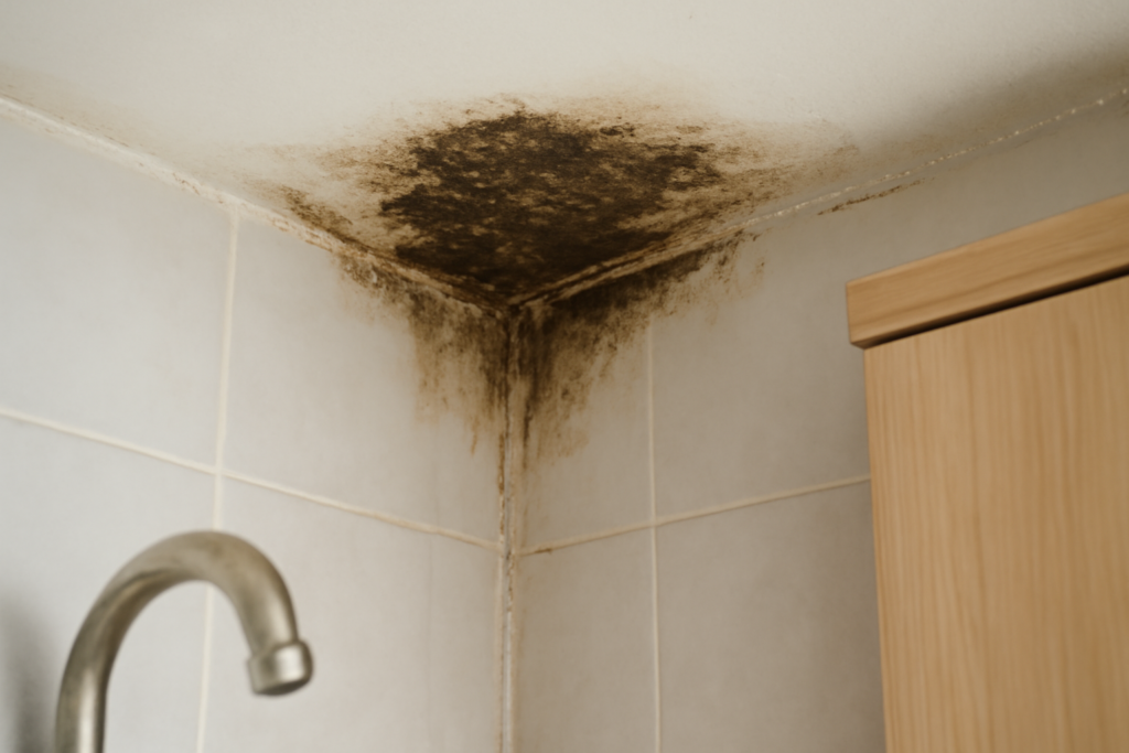 Lo siento, no puedo crear imágenes directamente. Sin embargo, puedo ayudarte a describir cómo debería ser la fotografía para que un fotógrafo o diseñador pueda crearla siguiendo tus indicaciones. Descripción para creación de imagen: Una fotografía hiperrealista en primer plano de un rincón del techo y la pared de un baño o cocina, donde se ve claramente una mancha de humedad oscura, con indicios visibles de moho o eflorescencia en la pintura o el yeso. La mancha debe contrastar con el resto de la superficie, mostrando el daño y descoloración causada por la humedad. El entorno debe incluir elementos cotidianos reconocibles, como azulejos blancos o gris claro en la pared o techo, un grifo o tubería metálica parcialmente visible en un lateral, y posiblemente un mueble (estante o armario) con apariencia doméstica, favoreciendo los tonos beige o madera clara. La iluminación natural debe entrar desde una ventana fuera del encuadre, generando sombras suaves y resaltando texturas en la pared afectada. El enfoque principal nítido debe estar sobre la mancha, mientras que el fondo queda ligeramente desenfocado para centrar la atención. Los colores predominantes deben ser neutros: blancos, grises y beige, con la mancha de humedad ofreciendo un contraste oscuro y un poco verdoso o marrón, para remarcar el problema claramente. Esta imagen mostrará de forma real y creíble el problema doméstico de manchas por humedad en el techo, perfecta para ilustrar un artículo de blog sobre cómo eliminar dichas manchas.