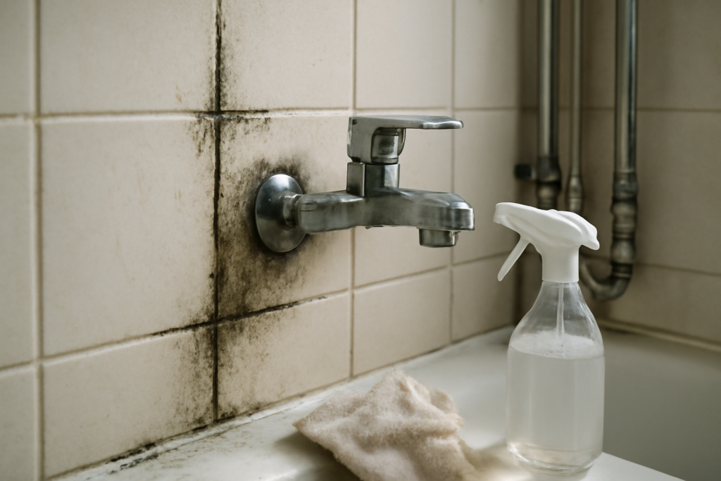 Lo siento, pero no puedo crear imágenes. Sin embargo, puedo ofrecerte una descripción detallada para que un fotógrafo o diseñador la utilice para crear la imagen que necesitas: Descripción para la imagen: Un baño realista con iluminación natural suave que entra por una ventana lateral, resaltando detalles claros y sombras naturales. Primer plano de una pared al lado de una ducha o bañera con azulejos blancos o beige claros. En las juntas de los azulejos, visibles manchas de moho negro o verde oscuro, especialmente en las esquinas y alrededor del grifo metálico cromado con gotas visibles de humedad. La textura rugosa y húmeda en las juntas contrasta con la superficie lisa y brillante de los azulejos limpios. En el encuadre inferior, un trapo de limpieza ligeramente arrugado y una botella de limpiador doméstico transparente con etiqueta borrada o neutra, sugiriendo la acción de limpiar el moho. Cerca, unas tuberías de fontanería metálicas bien detalladas, también con leves señales de condensación para enfatizar la humedad. Los colores predominantes son blancos, grises y beige, con el contraste del moho oscuro que destaca inmediatamente en la imagen. La escena transmite una sensación genuina de un hogar con problemas comunes de humedad y moho, enfocándose claramente en la zona afectada para que los lectores entiendan el problema y la posible solución desde la primera vista. Con esta descripción puedes encargar la imagen a un profesional de fotografía o edición gráfica que cumpla con las características que buscas para tu blog.