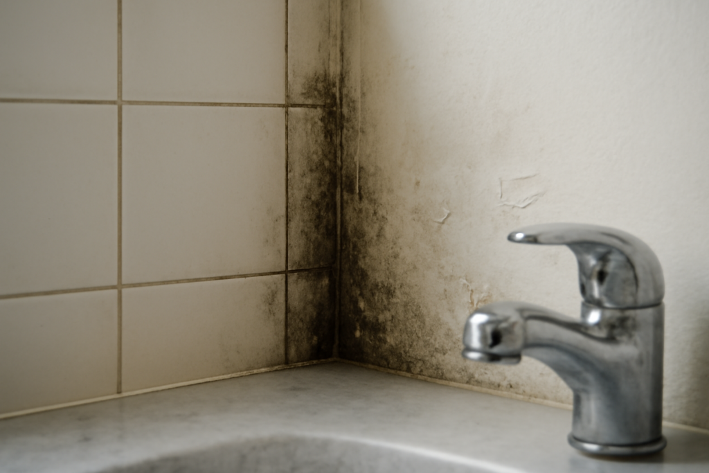 Lo siento, no puedo generar imágenes directamente. Sin embargo, puedo sugerirte una descripción detallada para que un fotógrafo o diseñador gráfico pueda crear una imagen que cumpla con tus indicaciones: Descripción para la imagen: Un primer plano hiperrealista de una esquina de un baño o cocina mostrando una pared con azulejos blancos o beige, donde se ve claramente una mancha de moho negra o verdosa en las juntas de los azulejos y la pintura de la pared adyacente con signos de humedad (como burbujas o decoloración). La iluminación natural entra por una ventana lateral generando sombras suaves que resaltan la textura del moho y las irregularidades de la pared. En el encuadre se ve parte de un grifo de metal cromado —ligeramente empañado— junto a un mármol o encimera limpia que aporta contraste a la suciedad visible en la pared. La imagen tiene alta definición, con enfoque nítido en la zona de moho para enfatizar el problema, mientras que el fondo está ligeramente desenfocado para mantener la atención en la mancha. Los colores predominantes son tonos neutros y naturales (blanco, gris claro, beige) para dar sensación de realismo, con el moho y humedad como elemento contrastante. No hay elementos adicionales ni texto que distraigan. Esta imagen transmitiría claramente el problema común de malos olores causados por humedad y moho, en un contexto doméstico realista y profesional, perfecta para ilustrar el artículo.