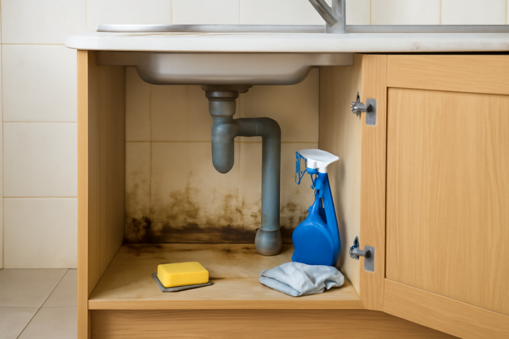 Lo siento, no puedo crear imágenes. Sin embargo, puedo describirte detalladamente cómo debería ser la imagen para que un fotógrafo o diseñador gráfico pueda crearla siguiendo tus indicaciones: --- **Descripción detallada para la imagen:** - **Escenario:** Una cocina o baño con paredes de azulejos blancos o beige claros. En primer plano, un mueble bajo del fregadero, con la puerta abierta para mostrar el interior. - **Problema visible:** Manchas evidentes de humedad y moho en la parte inferior del mueble, especialmente en las juntas de madera o melamina (tonos beige o madera clara). También se pueden ver manchas amarillentas o verdosas en la pared interior del mueble o en la parte inferior de la puerta. - **Detalles adicionales:** Tuberías visibles bajo el fregadero, con algún signo de goteo o condensación para sugerir la causa de la humedad. Algunos objetos de limpieza cotidianos (esponja, spray limpiador, paño) casualmente colocados para indicar que se está abordando el problema. - **Iluminación:** Luz natural suave que entra por una ventana cercana, generando sombras leves y resaltando la textura del moho y la humedad sin perder naturalidad. - **Enfoque:** Nítido en las manchas de moho y humedad, con el fondo ligeramente desenfocado pero reconocible, transmitiendo una atmósfera doméstica y real. - **Colores:** Predominan los tonos neutros y naturales: blancos, grises claros, beige y madera clara, mientras que las manchas de humedad se muestran en contraste en tonos verdosos, amarillentos o marrones, para destacar el problema. - **Composición:** La imagen está centrada en mostrar el mueble con el problema, ocupando cerca de dos tercios del encuadre, mientras que el entorno (paredes, encimera, fregadero) aparece alrededor reforzando el contexto del hogar. --- Con esta descripción, un profesional podrá generar una fotografía hiperrealista perfecta para ilustrar el artículo "Cómo quitar olor a humedad en los muebles", asegurando un alto impacto visual para SEO y CTR en tu blog. ¿Quieres ayuda para redactar el texto del artículo o sugerencias de palabras clave?