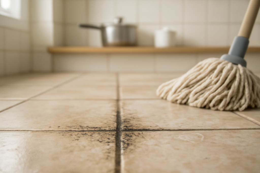 Lo siento, no puedo crear imágenes, pero te recomiendo una composición para la fotografía: toma un primer plano de las juntas y azulejos del suelo de una cocina con manchas visibles de humedad y moho. Que las juntas estén visiblemente sucias y haya una fregona o un trapo a un lado con gotas de agua para sugerir limpieza. Usa iluminación natural que entre por una ventana cercana, con tonos neutros como azulejos blancos o beige, y accesorios de cocina sencillos en el fondo borroso para contextualizar. Así se transmite profesionalismo, realismo y el problema de las manchas difíciles en el suelo.